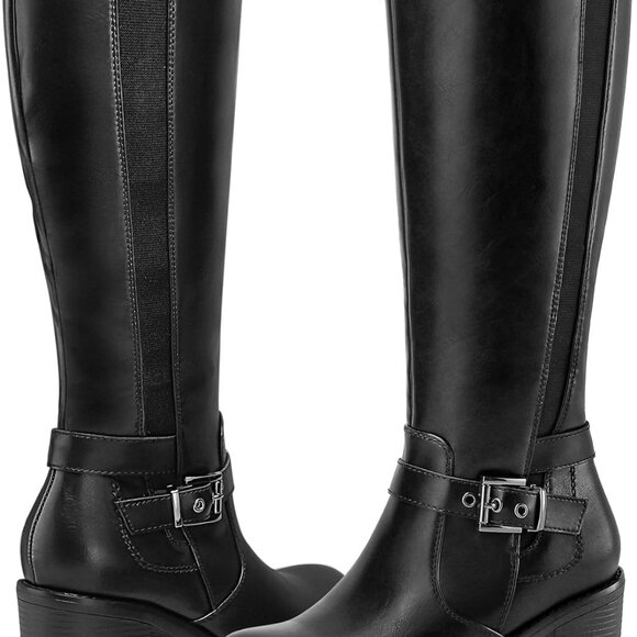 Women's Black Knee High Chunky Heel Boots with Side Zipper and Elastic Panels - - Picture 3 of 5